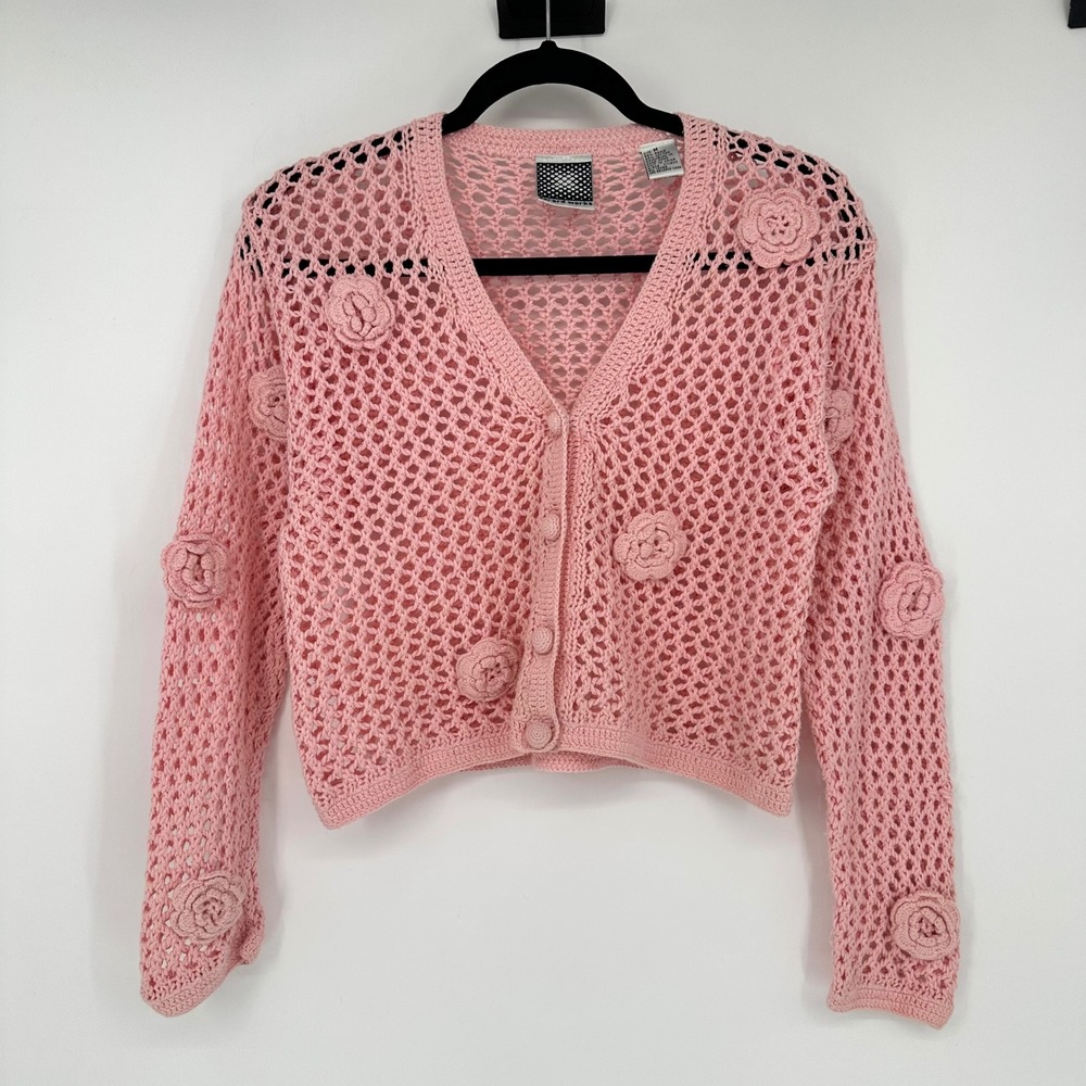 Vintage Gerard Works Pink Crochet Floral Cropped Cardigan Ramie 90s Coquette M